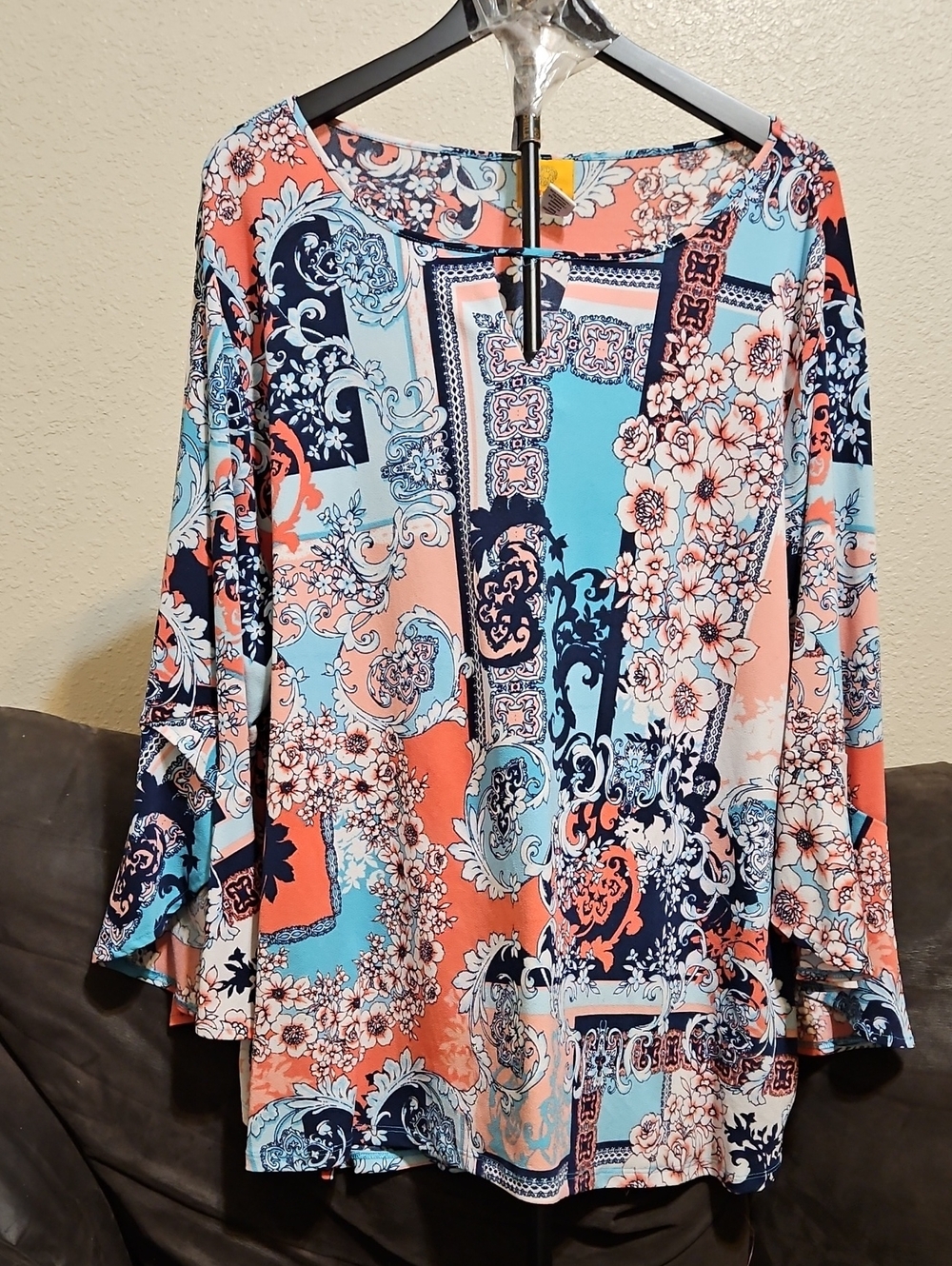 Ruby Rd. Coral & Aqua Floral Patchwork Tunic